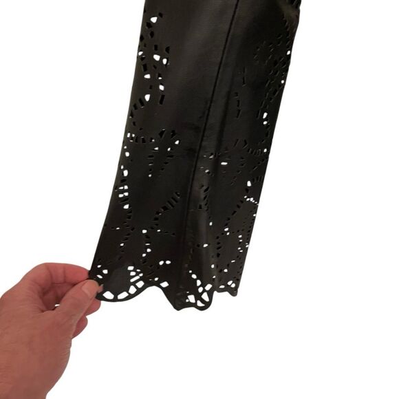 Maeve by Anthropologie Black Faux Leather Laser Cutout Bell Sleeve Blazer Size 8 - Picture 3 of 8
